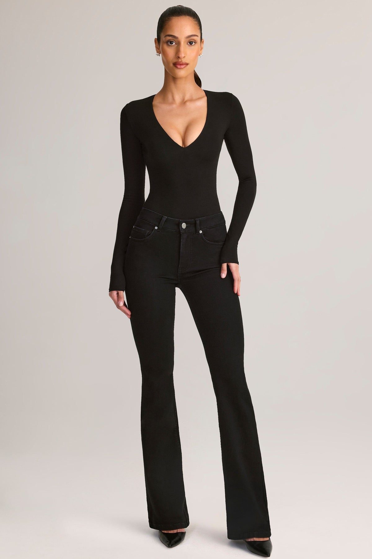 Modal Plunge Long-Sleeve Bodysuit in Black