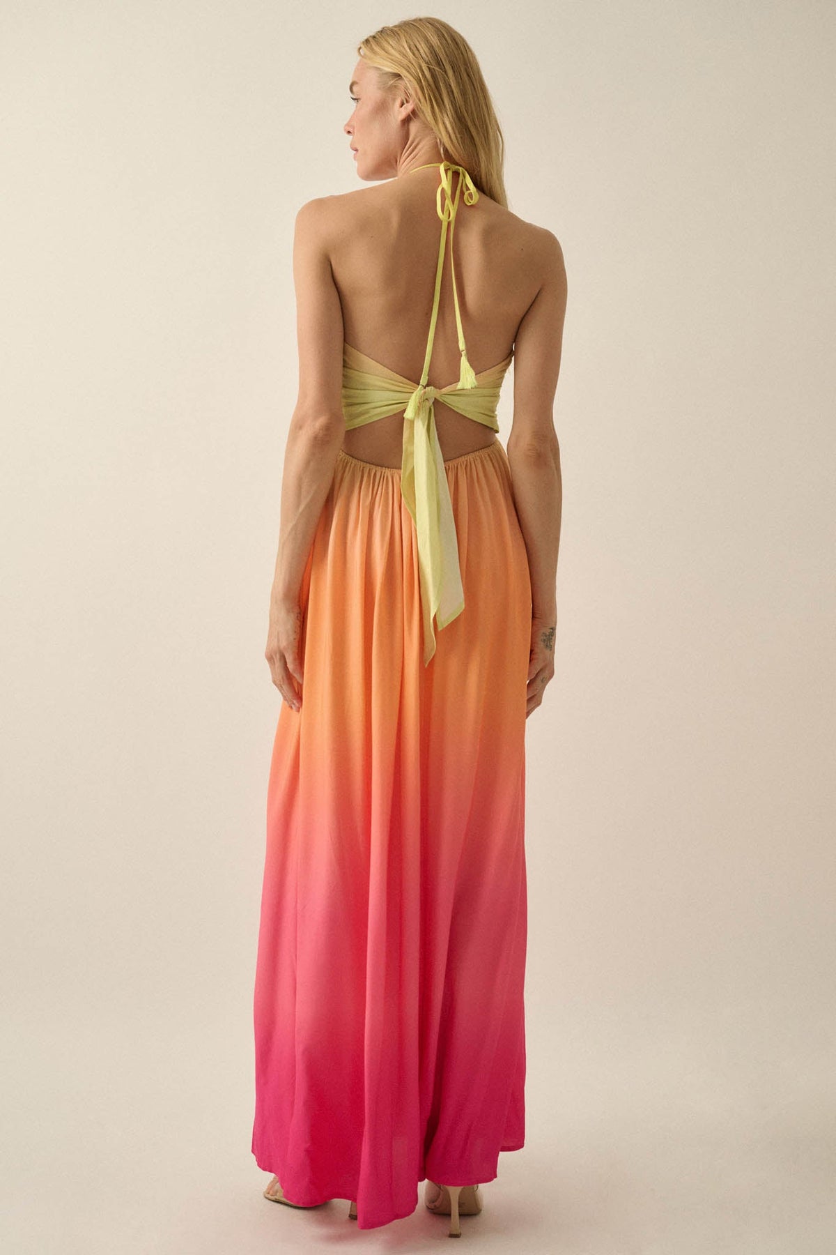 Shades of Summer Ombre Tie-Back Halter Maxi Dress