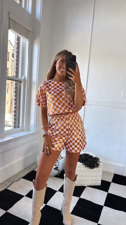 Orange & White Gameday Checkered Sequin Set