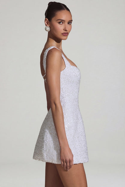 Embellished Structured A-Line Mini Dress in White