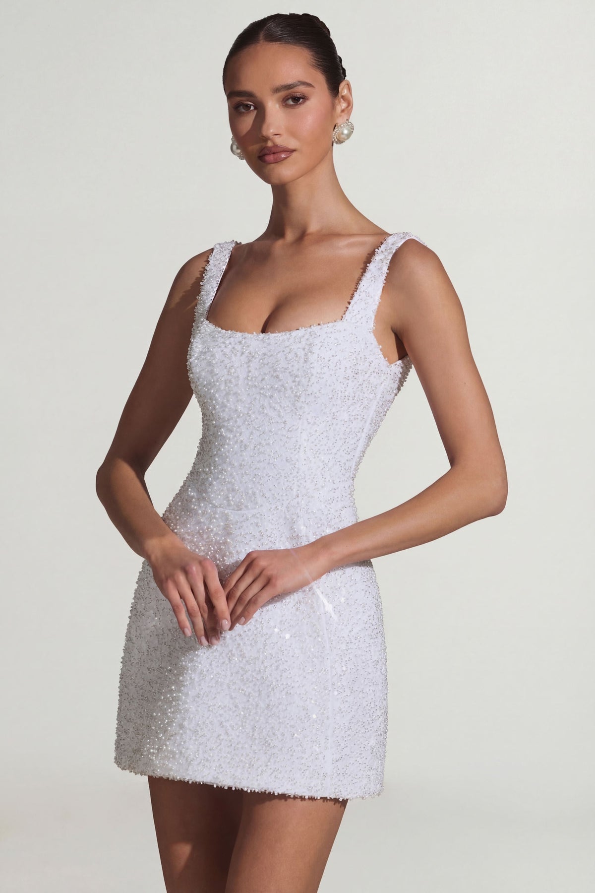 Embellished Structured A-Line Mini Dress in White