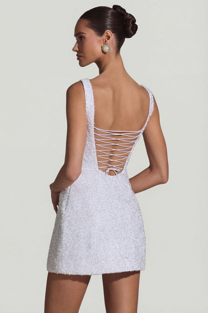 Embellished Structured A-Line Mini Dress in White