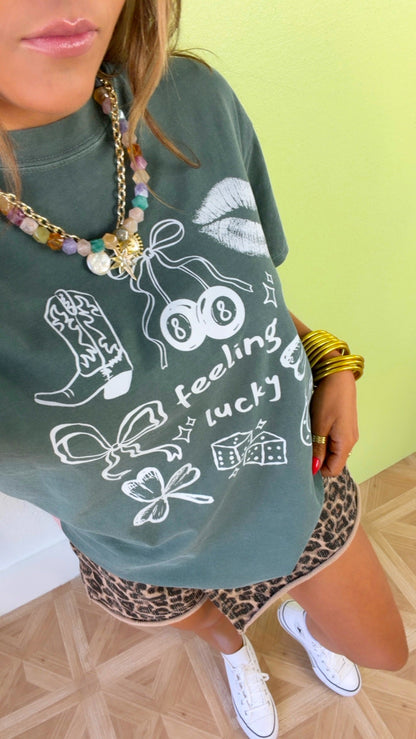 Feeling Lucky Patchwork Graphic Tee, Washed Green