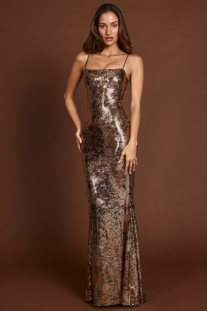 Embellished Straight-Neck Maxi Dress in Black Gold Foil