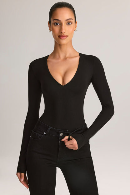 Modal Plunge Long-Sleeve Bodysuit in Black