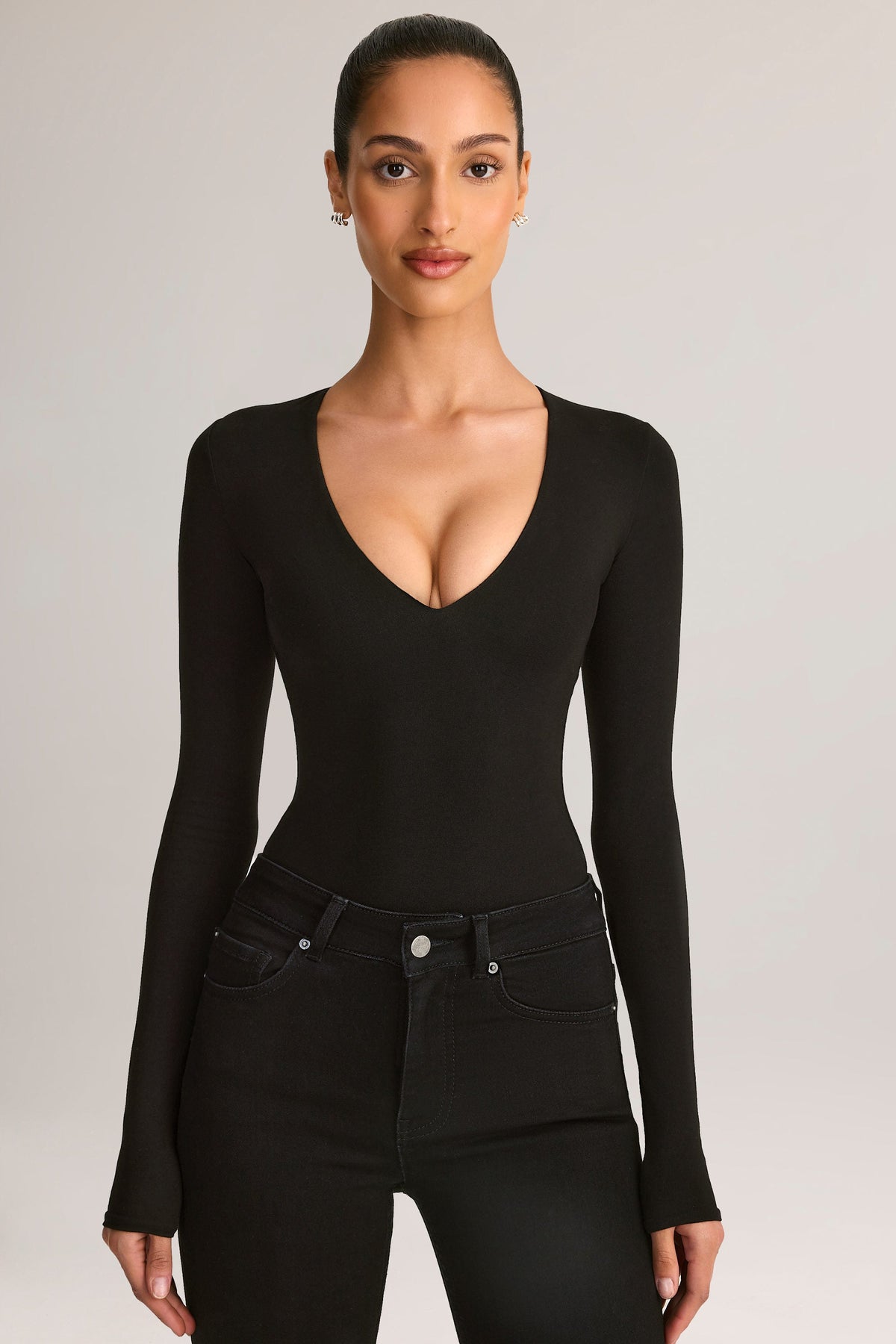 Modal Plunge Long-Sleeve Bodysuit in Black