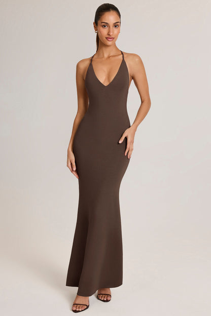 Modal Plunge Backless Maxi Dress in Chocolate Brown
