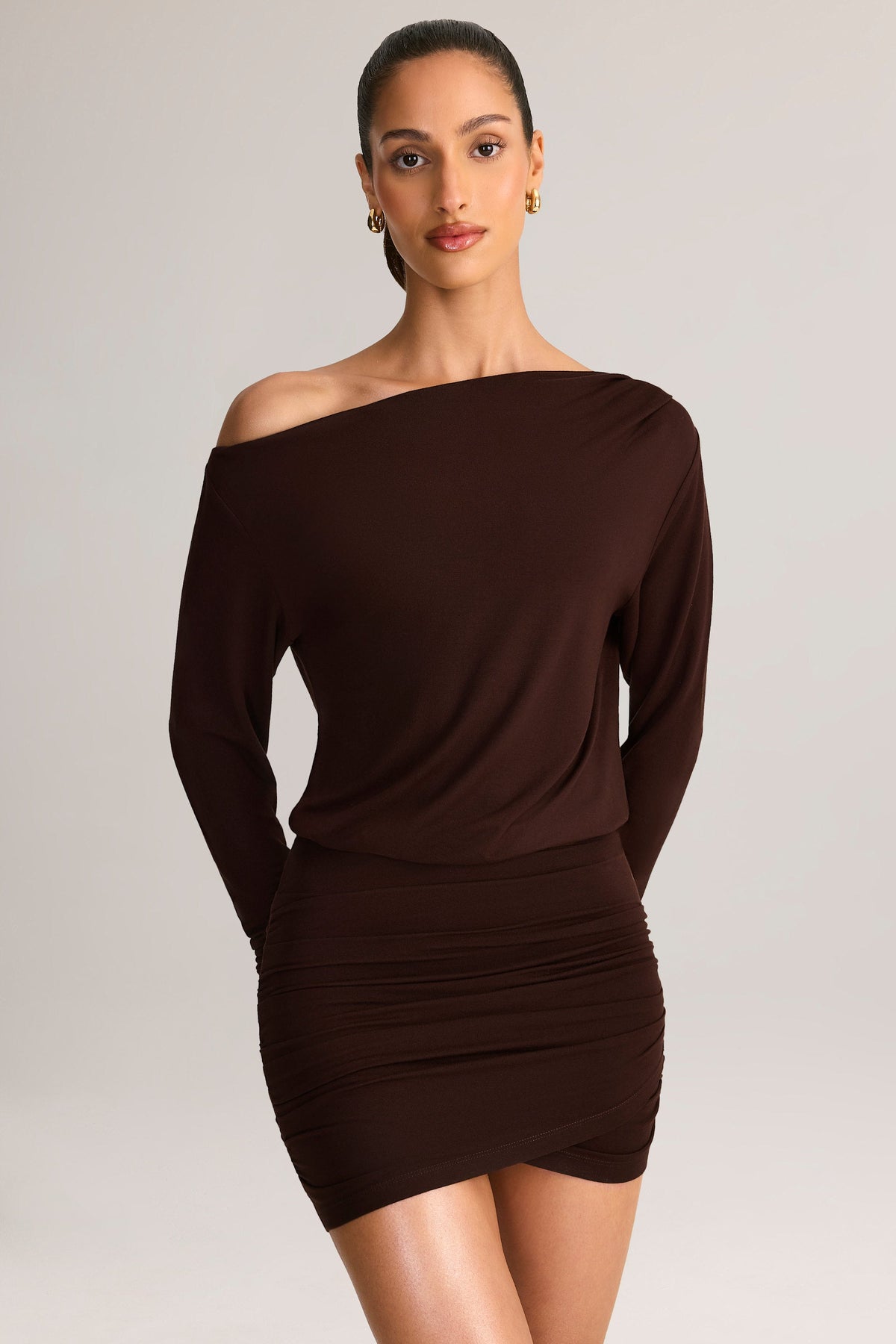 Modal Off-Shoulder Wrap Mini Dress in Chocolate Brown
