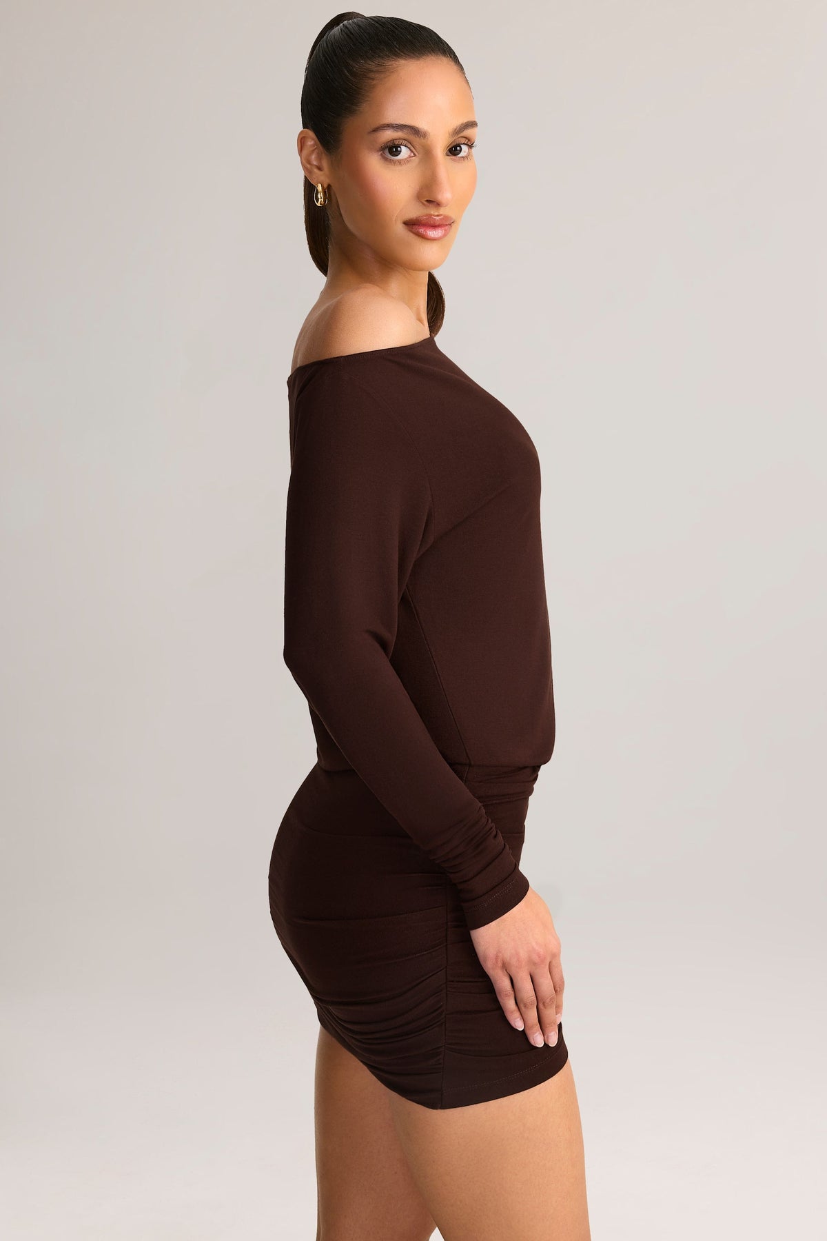 Modal Off-Shoulder Wrap Mini Dress in Chocolate Brown
