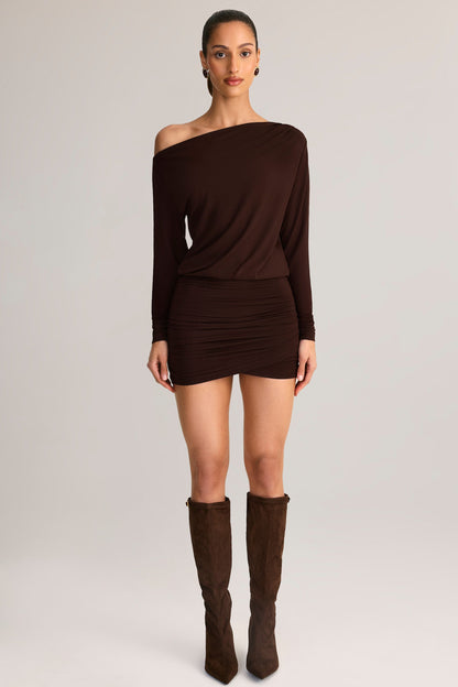Modal Off-Shoulder Wrap Mini Dress in Chocolate Brown