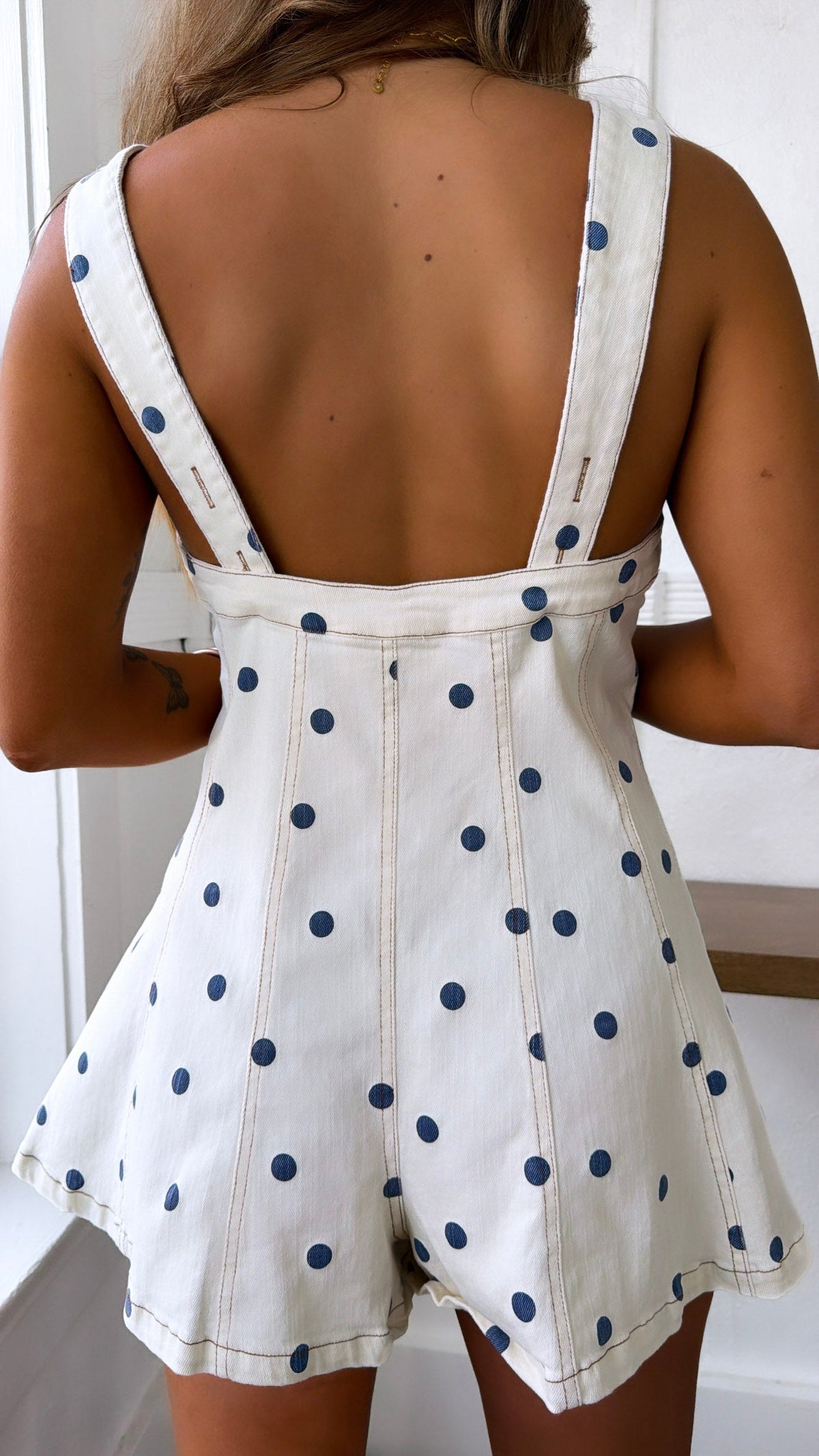 Paradise Pop Polka Dot Romper, Cream/Navy