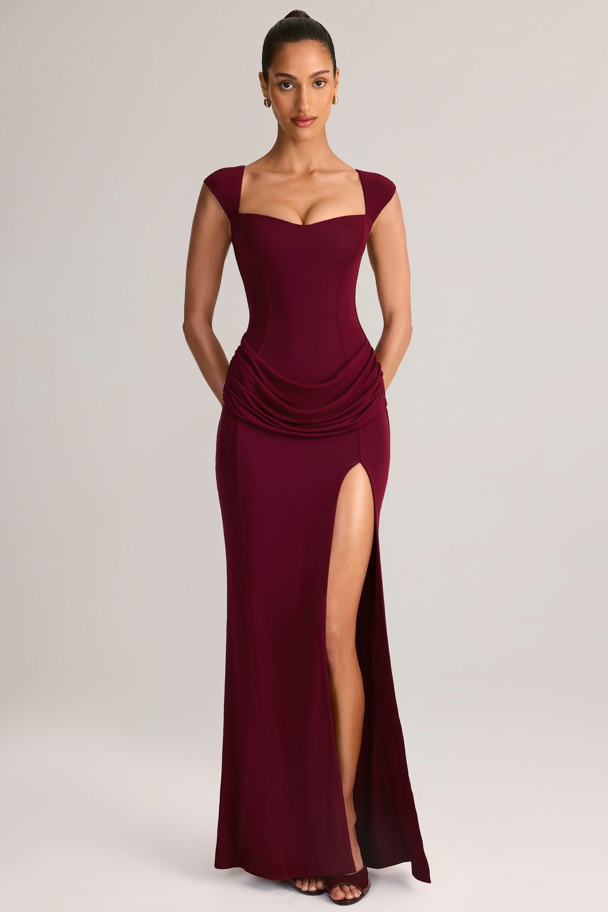 Modal Sweetheart-Neck Cowl-Waist Maxi Dress in Wine