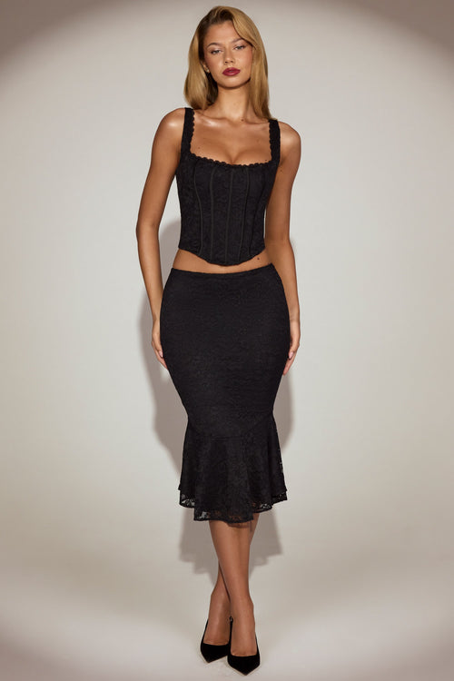Lace Mid-Rise Fluted Midi Skirt in Black