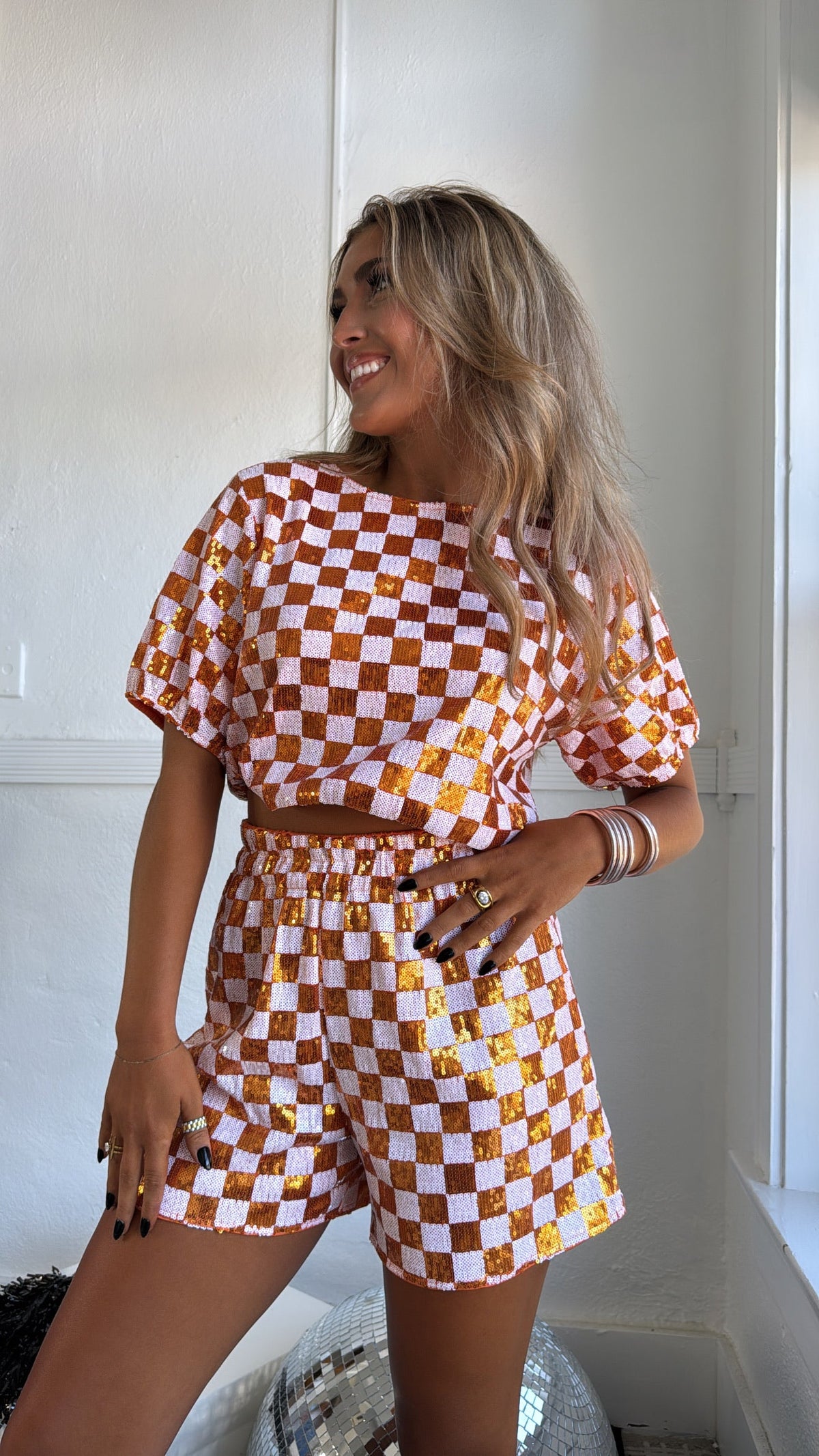 Orange & White Gameday Checkered Sequin Set
