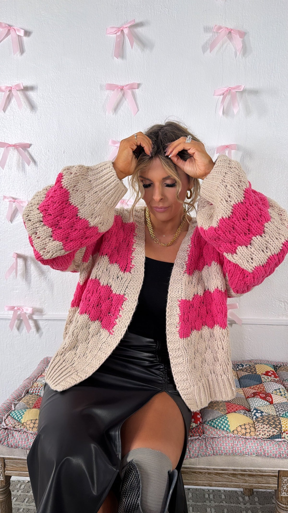 Frosted Blush Knit Cardigan, Taupe/Pink
