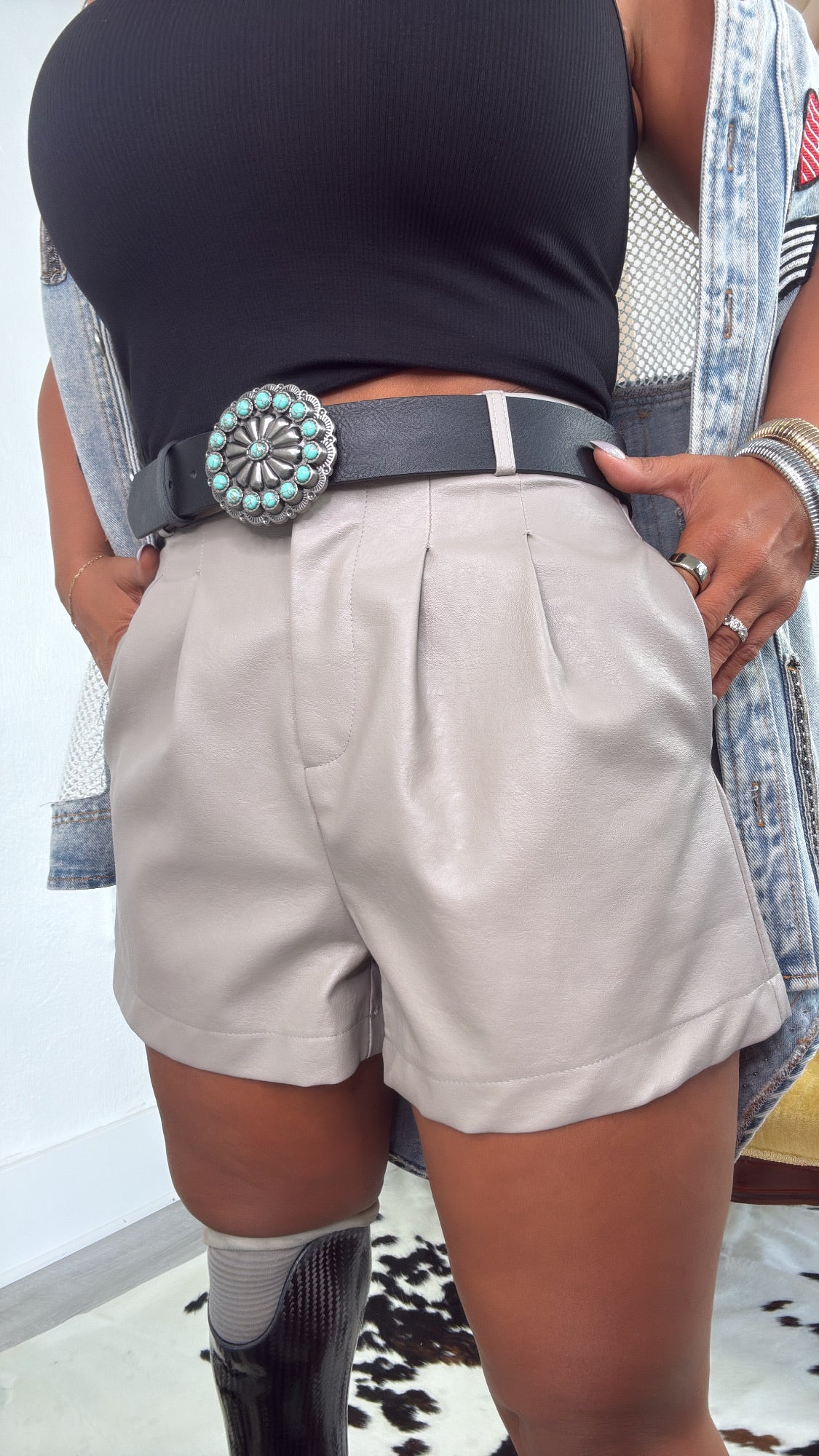 Hollis Leather Shorts , Taupe Grey