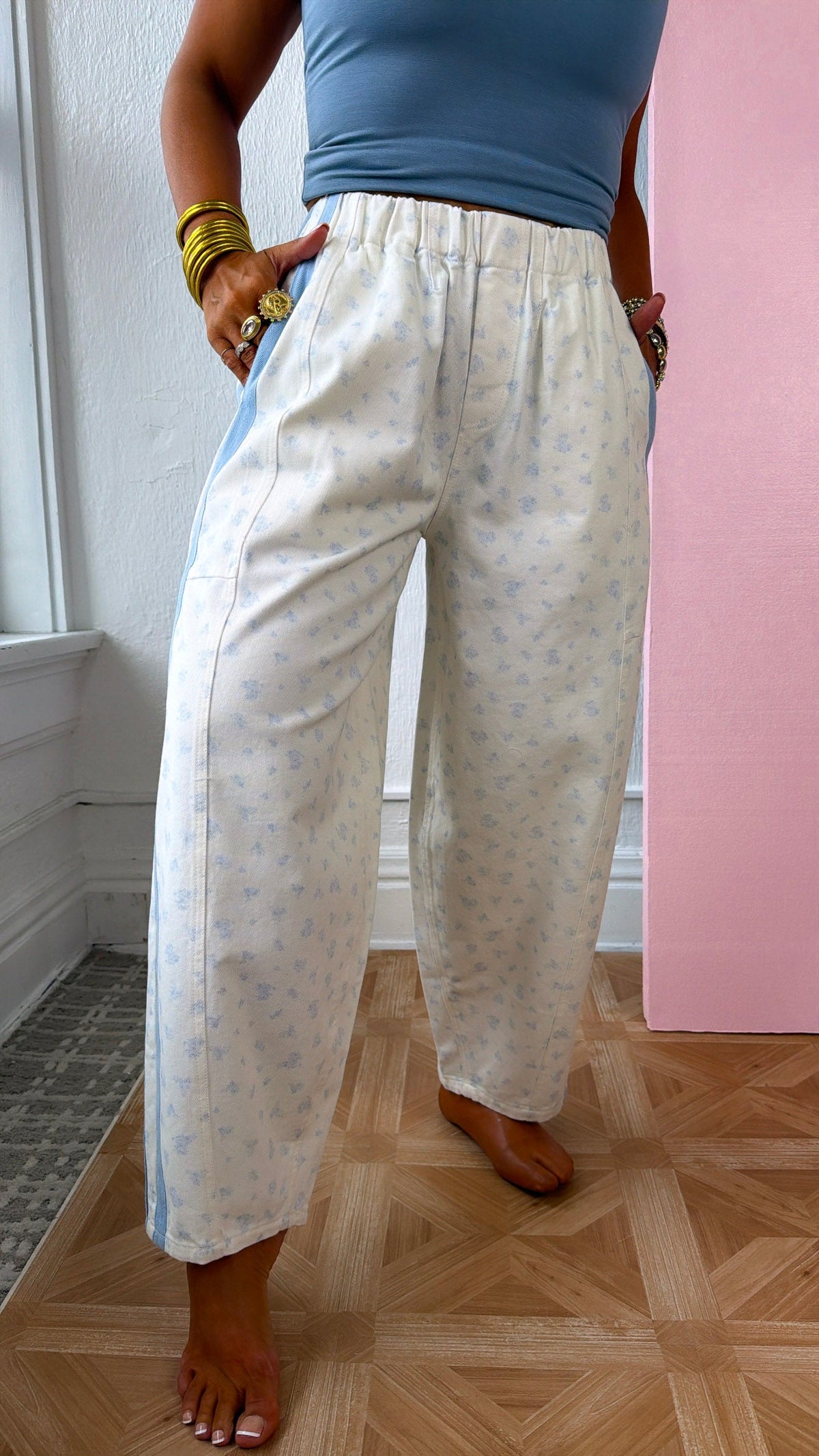 Ditsy Floral Printed Twill Barrels, LT. Blue