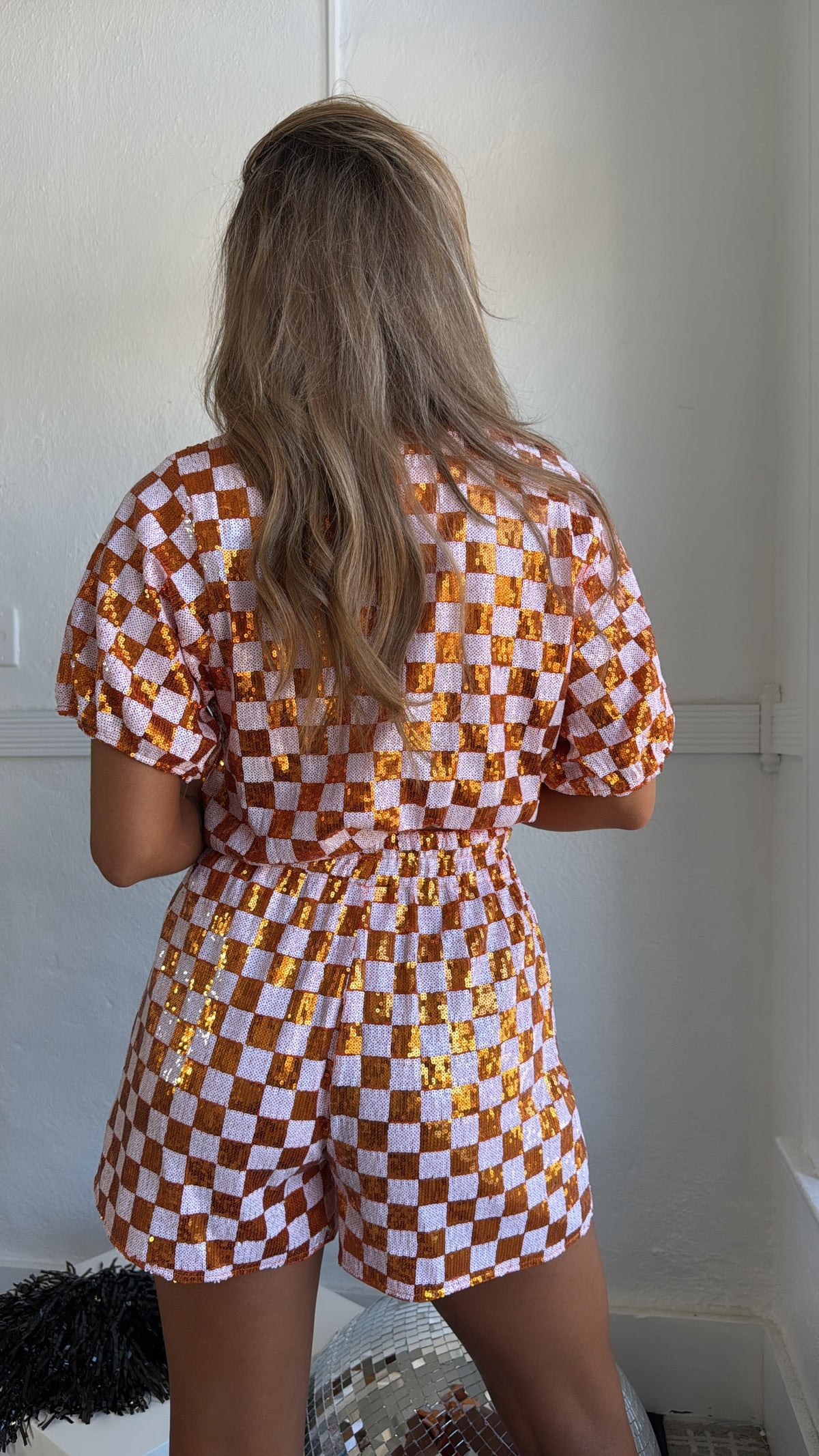 Orange & White Gameday Checkered Sequin Set