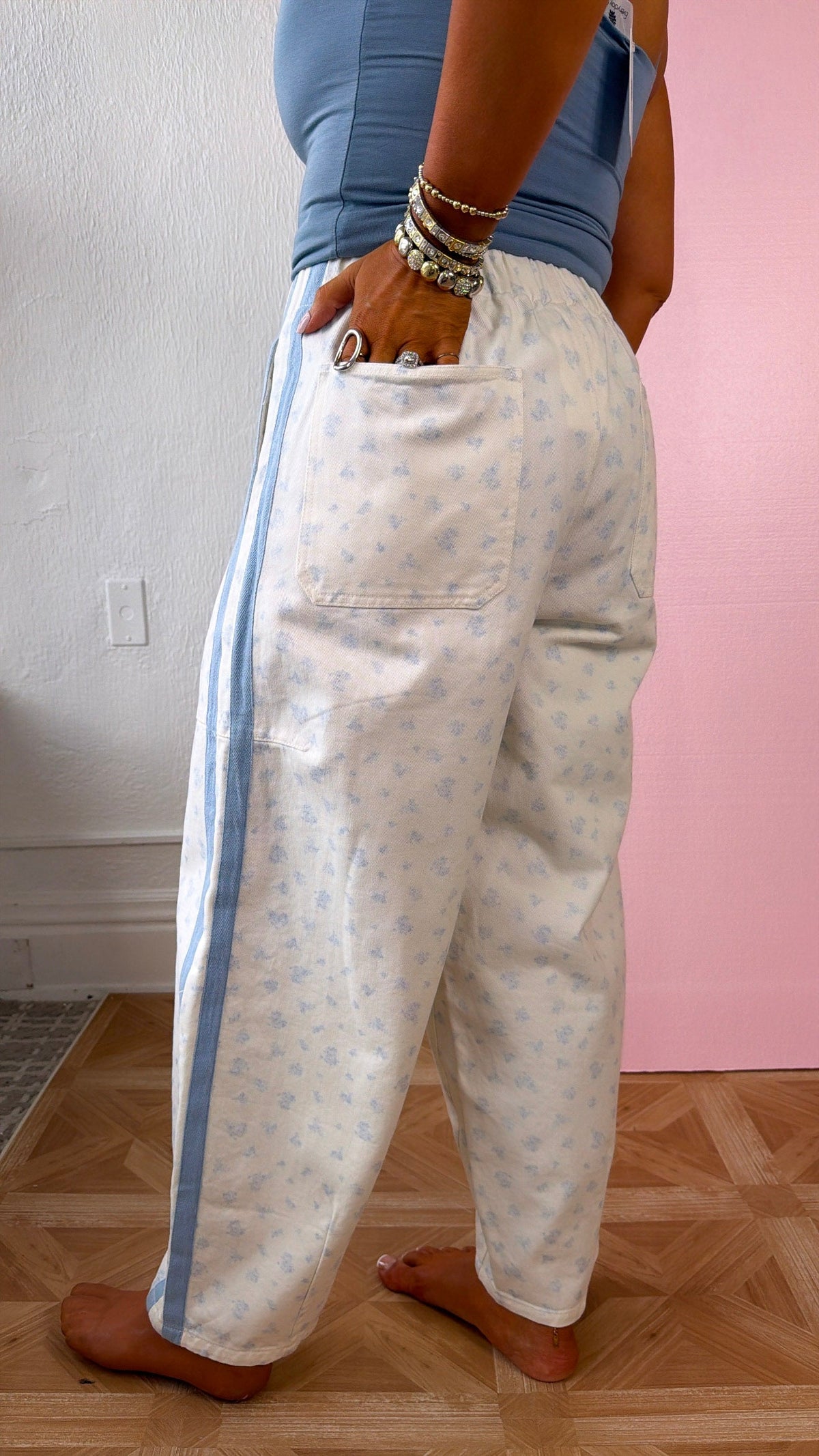 Ditsy Floral Printed Twill Barrels, LT. Blue