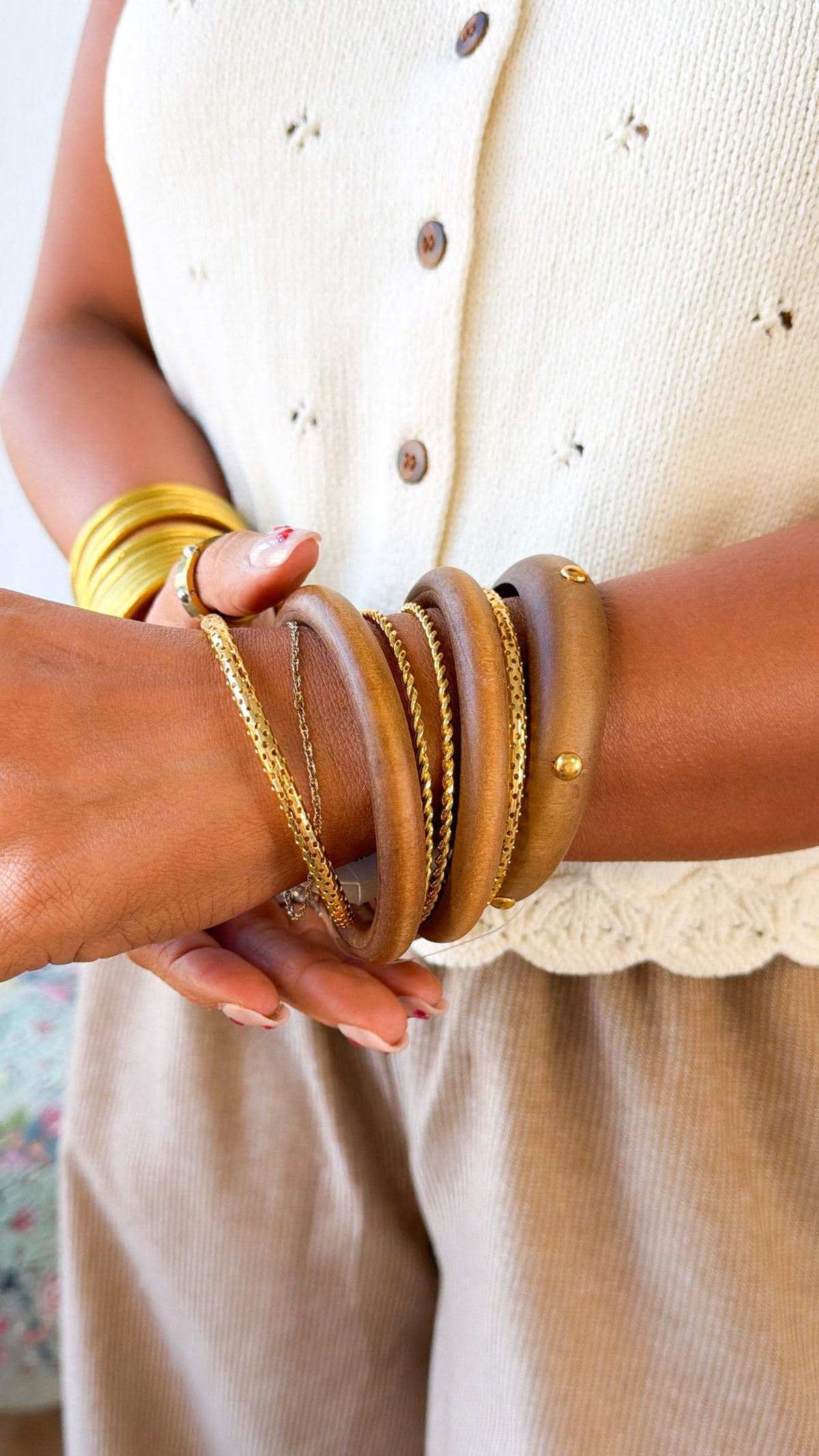 7 Row Wood & Metal Bangle Bracelet