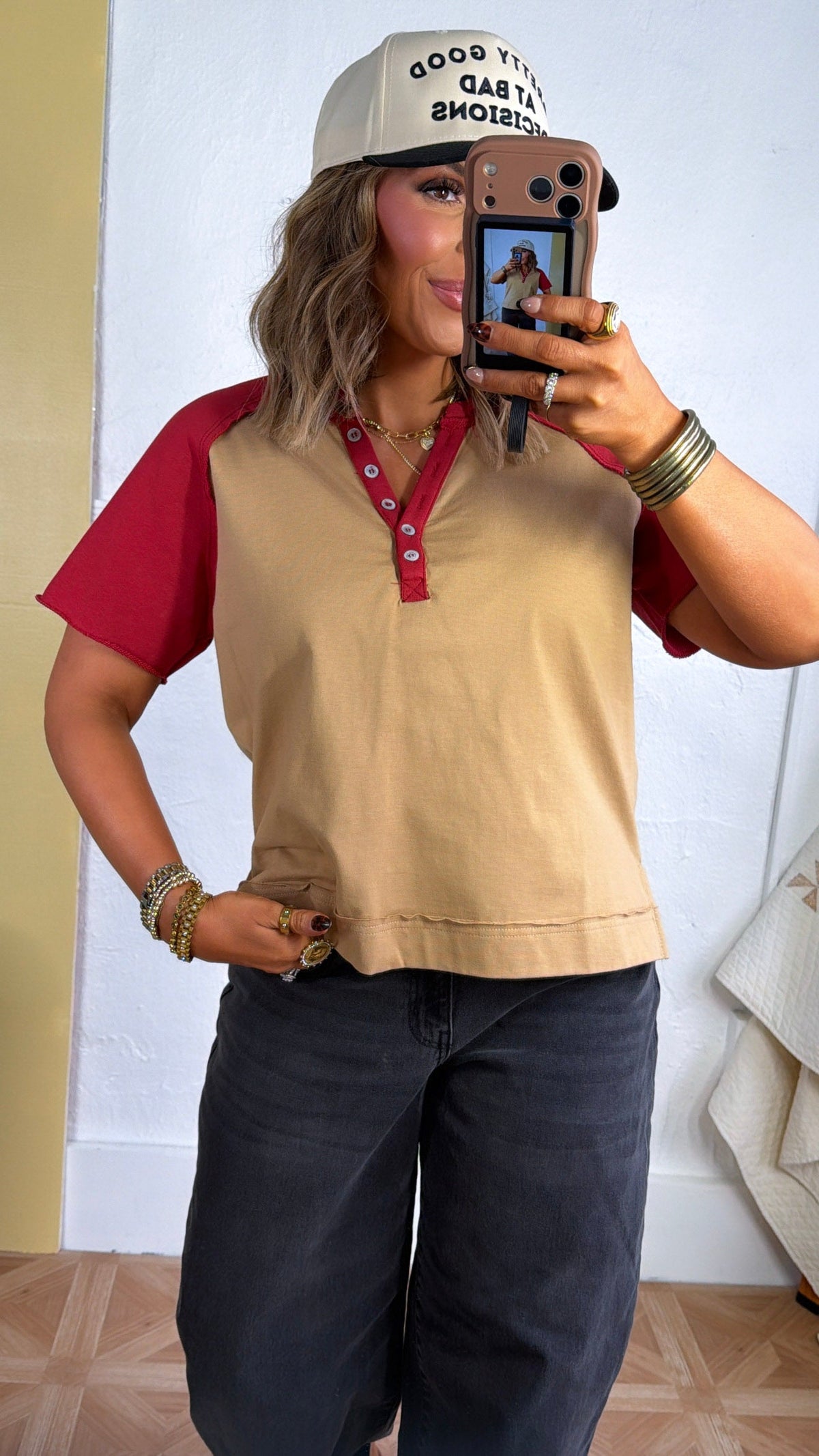 Edge Detail Colorblock Top, Mocha/Red