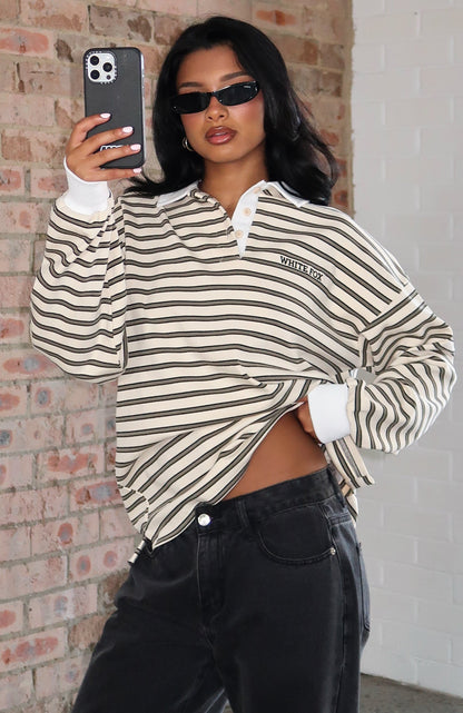Out Again Long Sleeve Rugby Shirt Cream/Olive Stripe