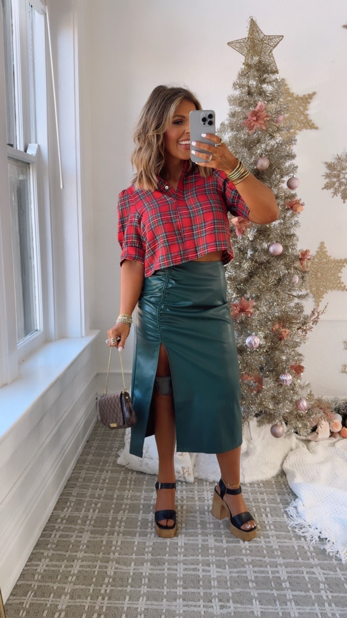 Fancy That Faux Leather Ruched Midi Skirt, Green