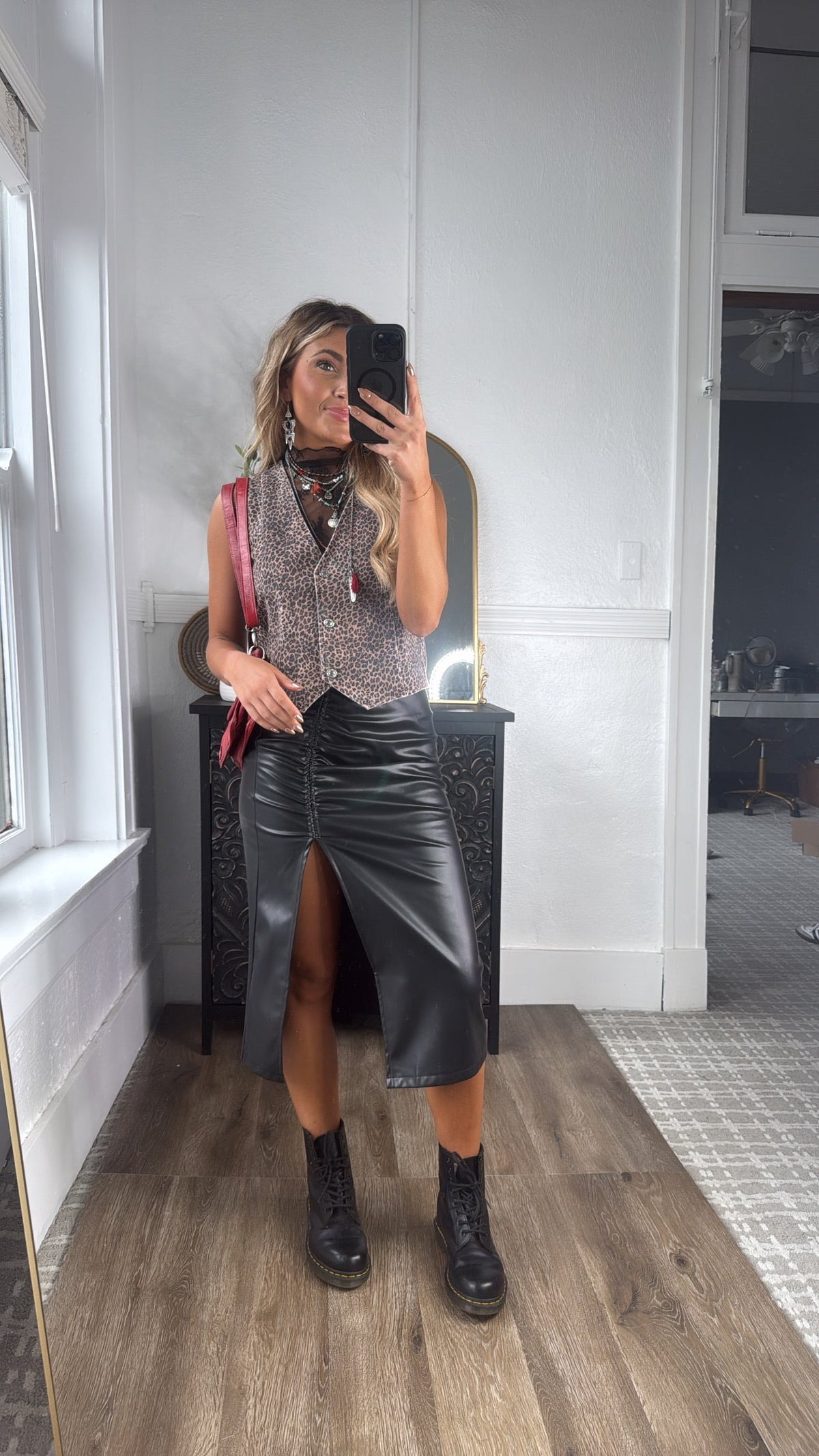 Fancy That Faux Leather Ruched Midi Skirt, Black