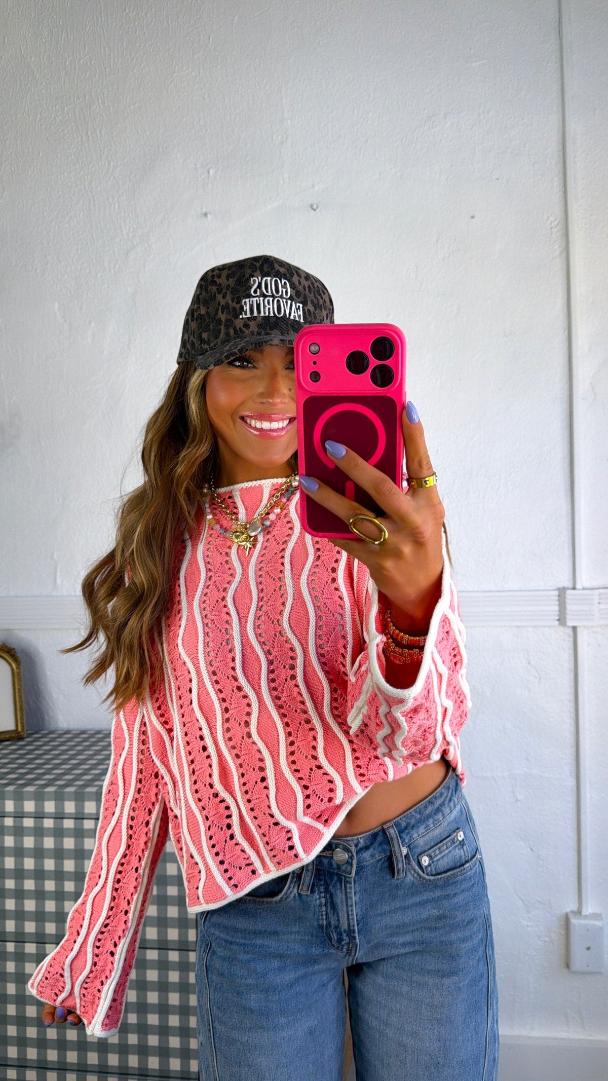 Open Sand Swirly Striped Sweater, Strawberry