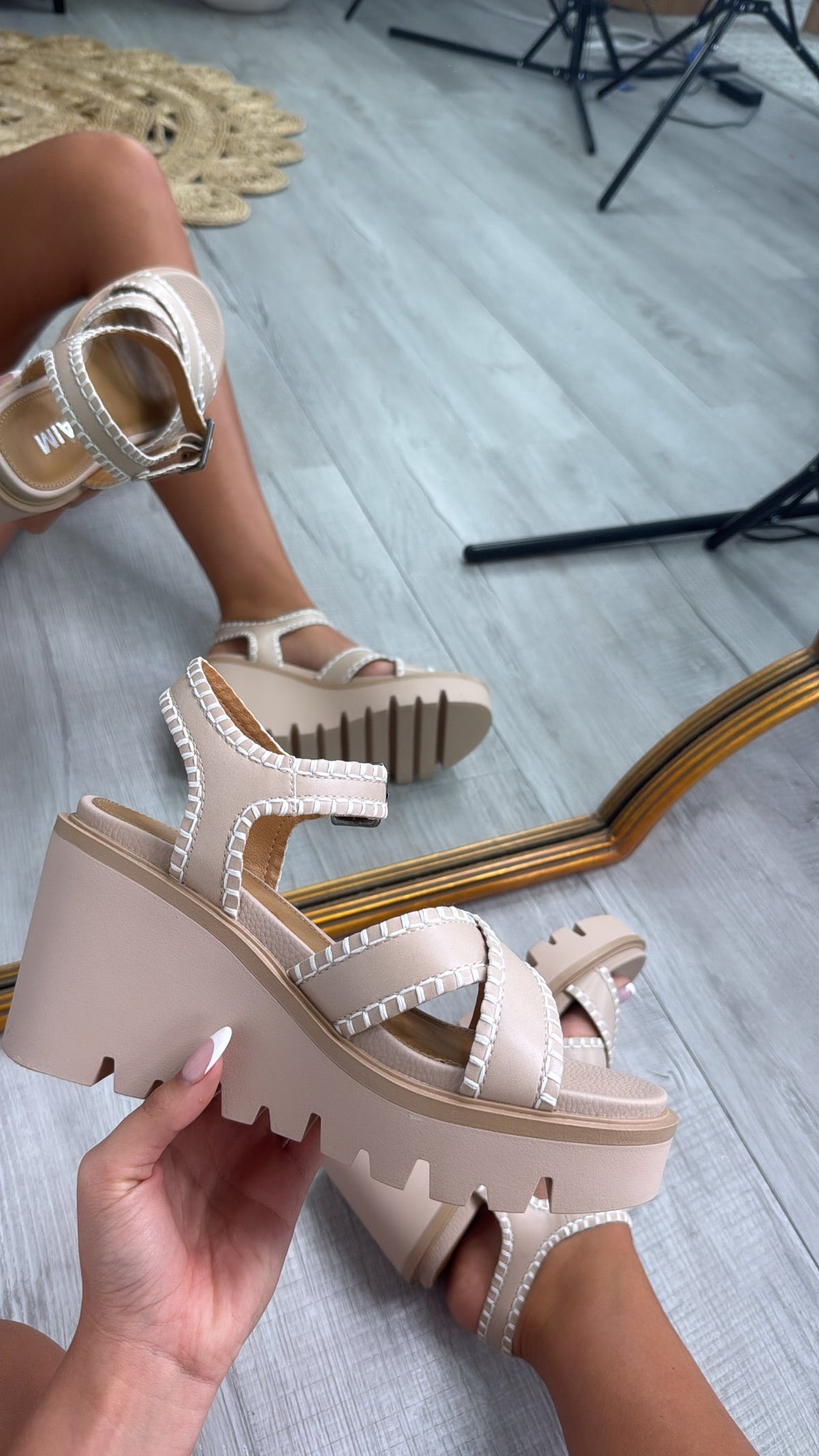 Embroidered Ankle Strap Wedge Sandal, Nude