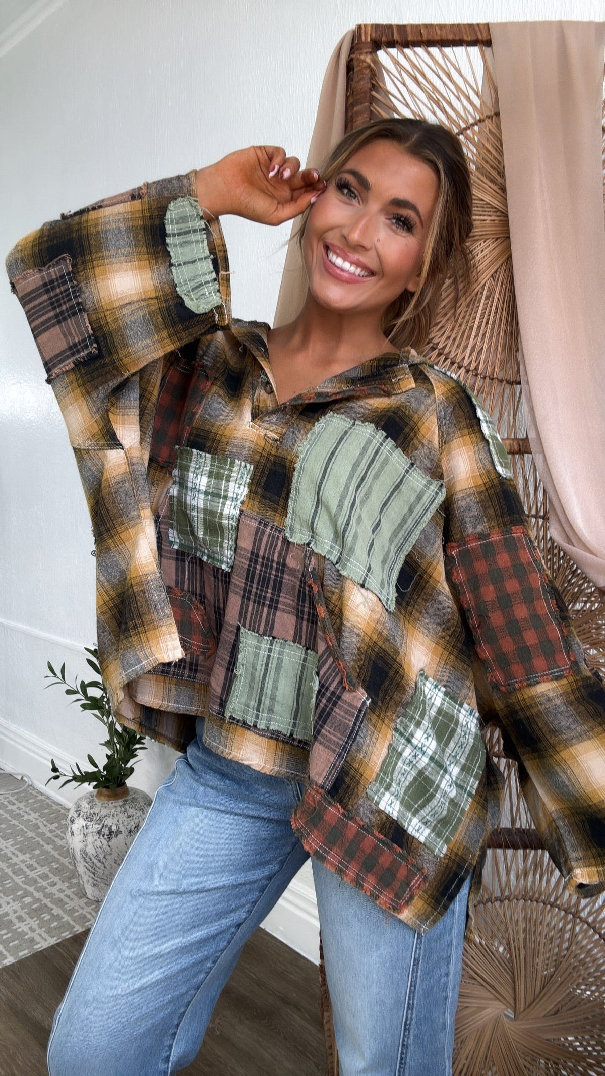 Mix It Up Patchwork Flannel Hooded Top
