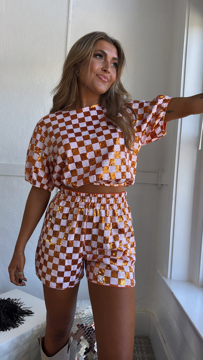 Orange & White Gameday Checkered Sequin Set