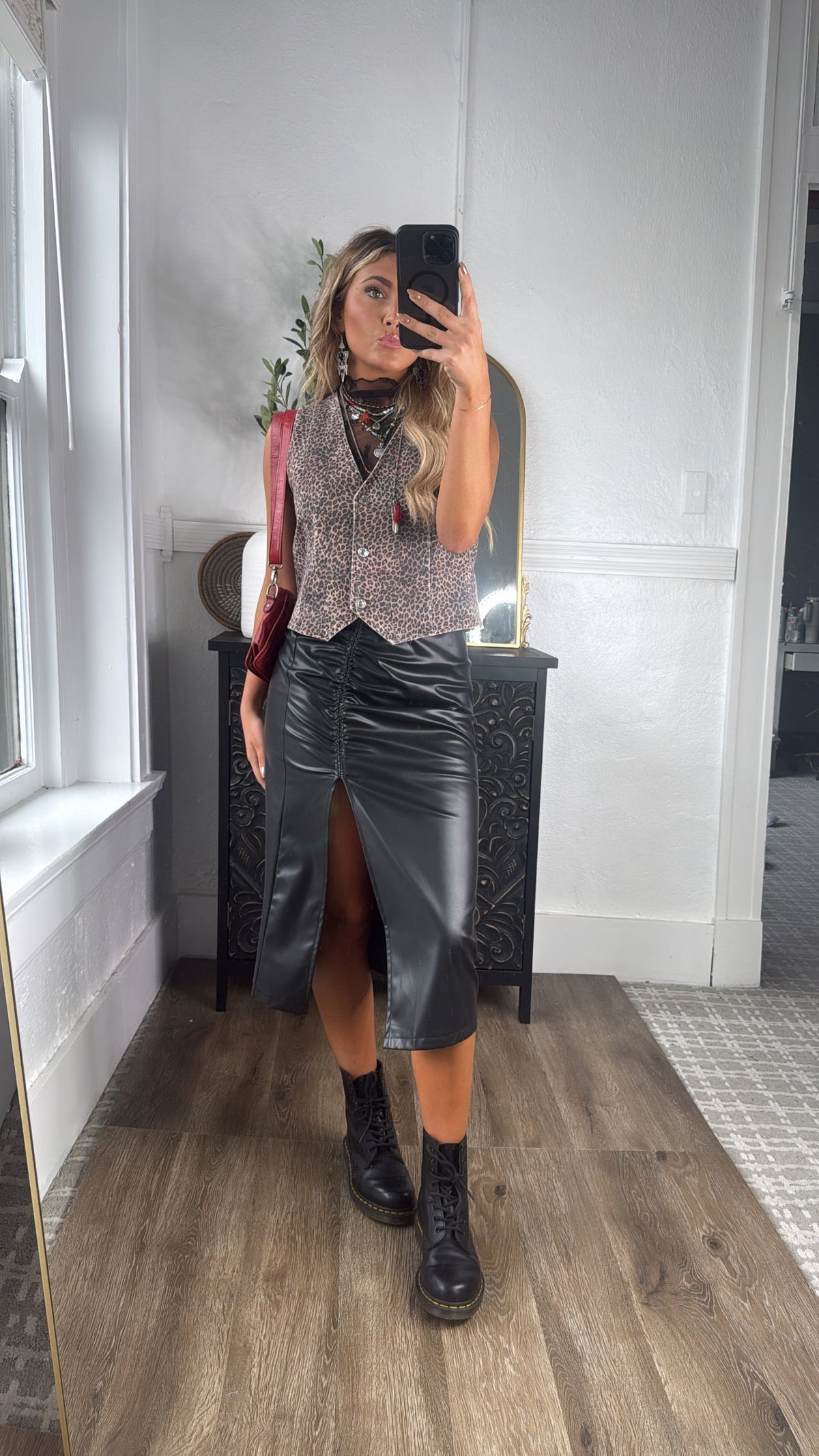 Fancy That Faux Leather Ruched Midi Skirt, Black