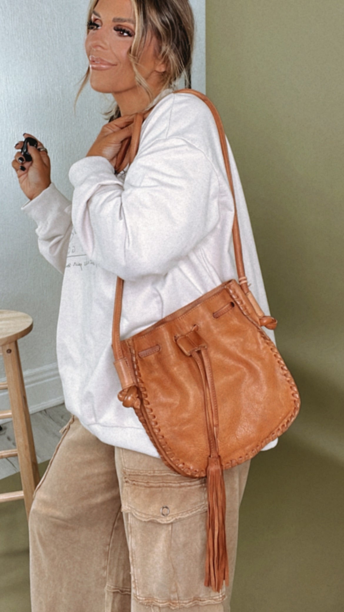 Memphis Drawstring Leather XBody, Tan