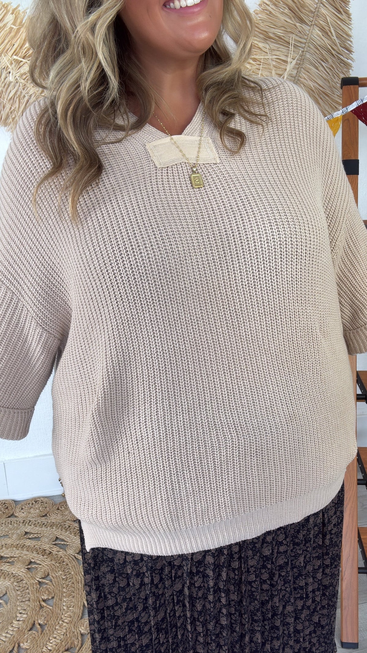 Meadow Knit 3/4 Sleeve Top, Taupe