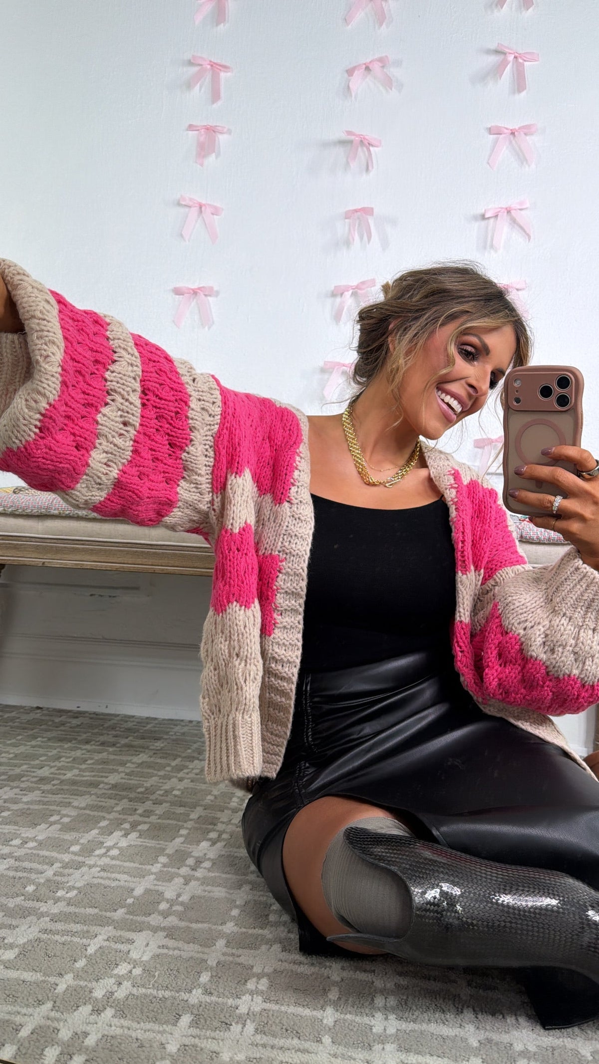 Frosted Blush Knit Cardigan, Taupe/Pink