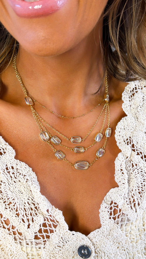 Layered Crystal Necklace, Clear/Gold