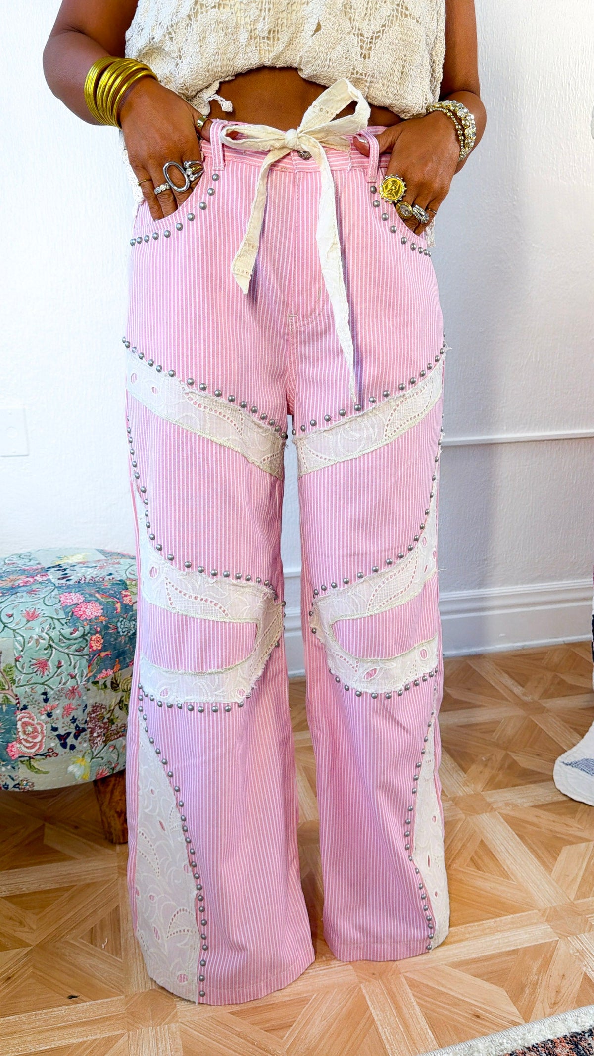Blossom Road Studded Pants, Pink Striped