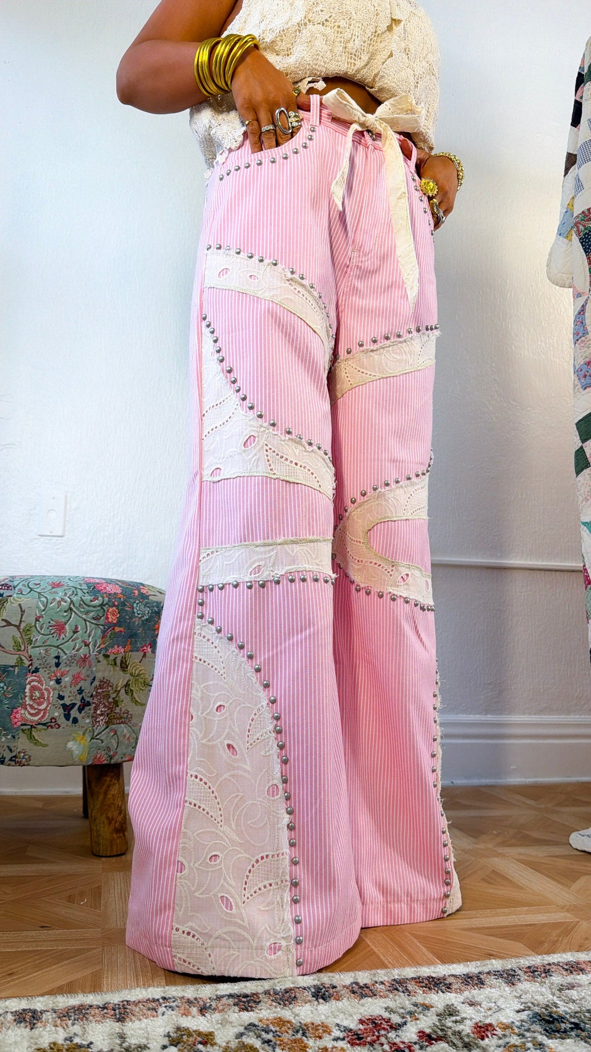 Blossom Road Studded Pants, Pink Striped