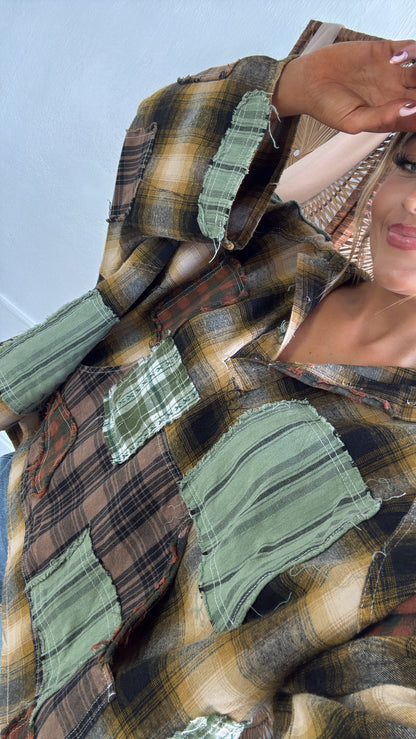 Mix It Up Patchwork Flannel Hooded Top