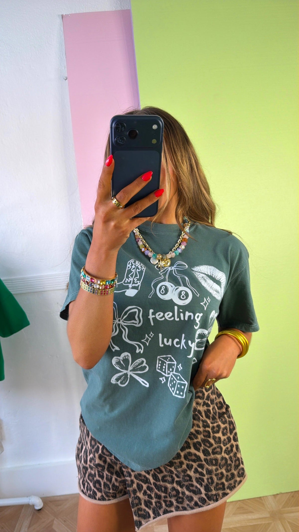 Feeling Lucky Patchwork Graphic Tee, Washed Green