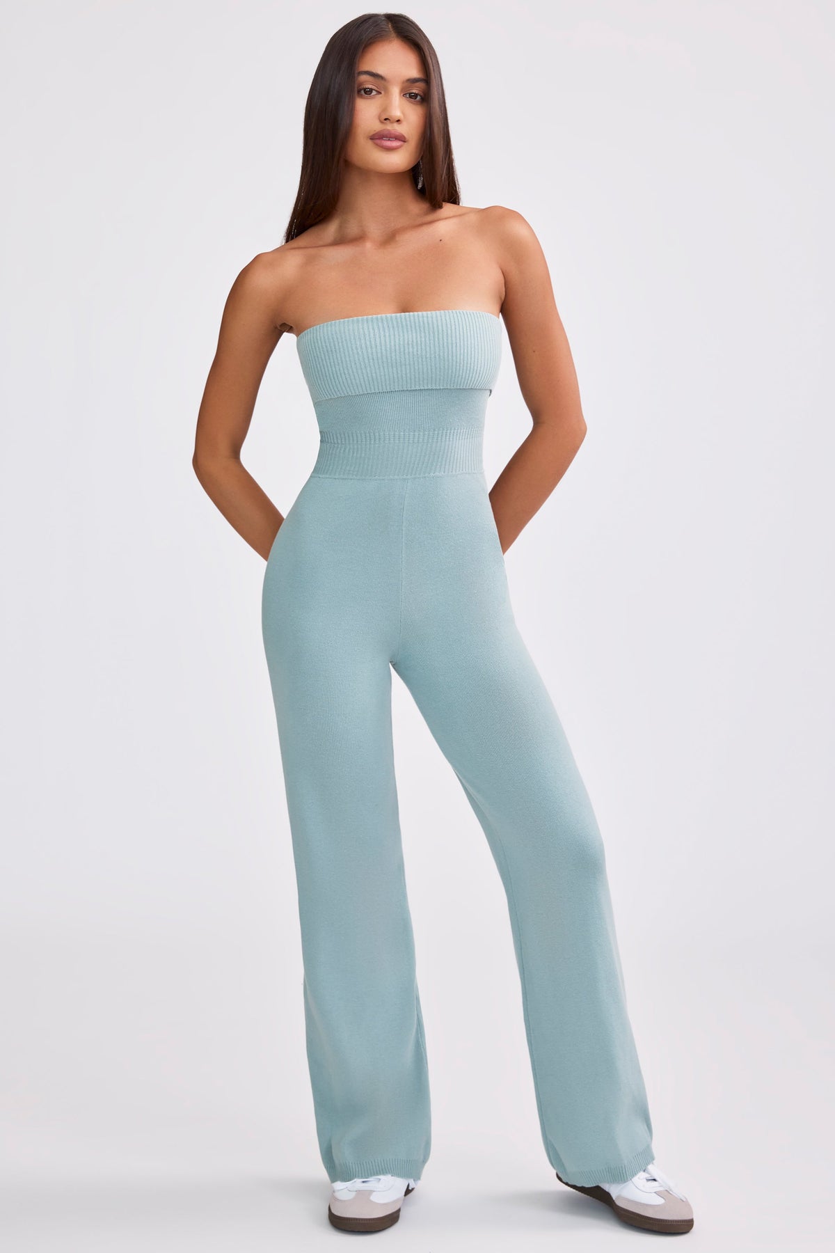 Chunky Knit Bandeau Kick Flare Jumpsuit in Dusty Teal