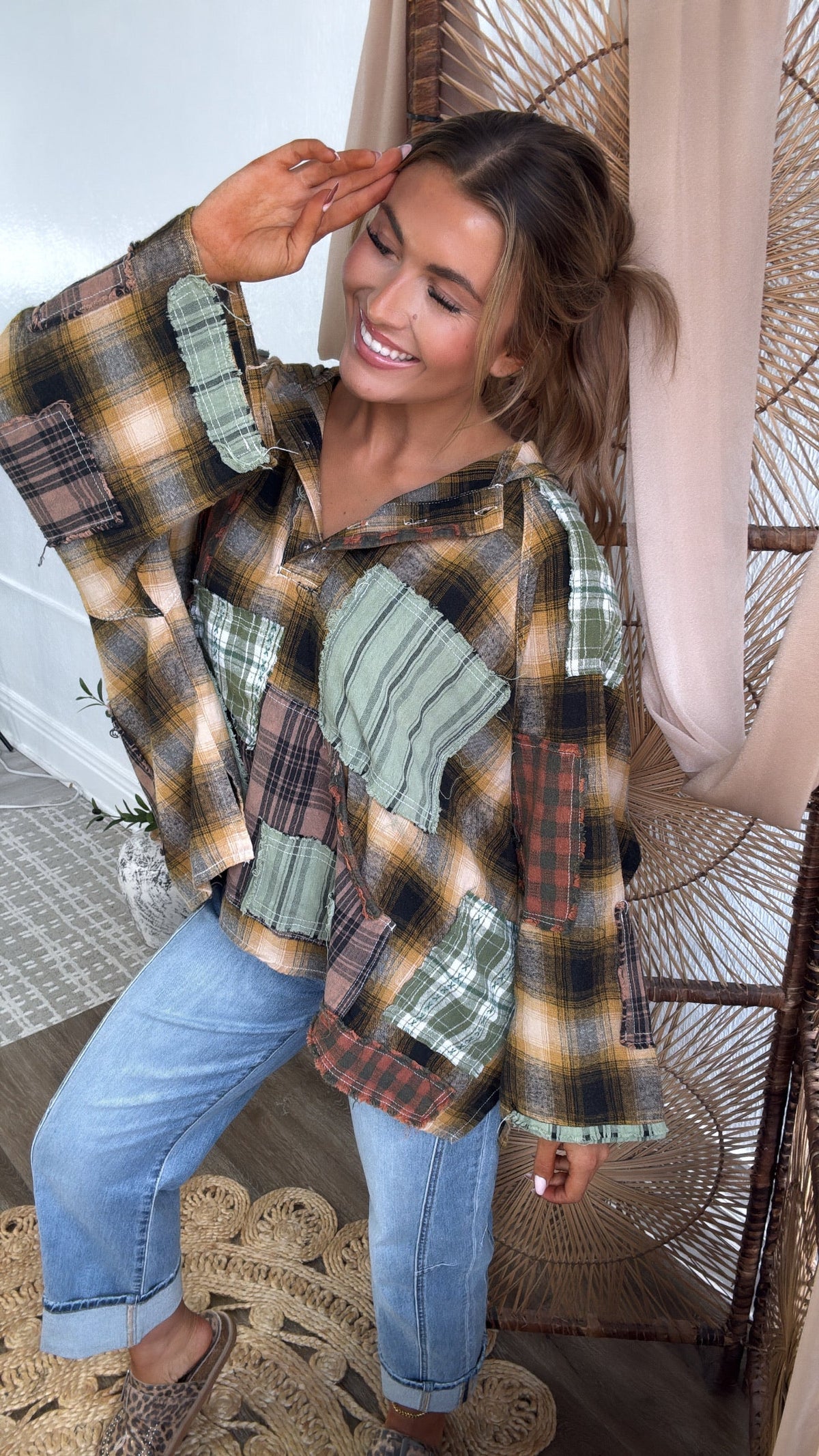 Mix It Up Patchwork Flannel Hooded Top