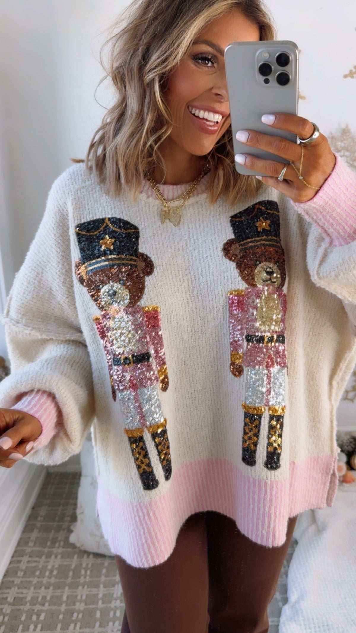 Bear Nutcracker Sweater Top, Ivory