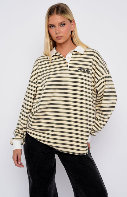 Out Again Long Sleeve Rugby Shirt Cream/Olive Stripe