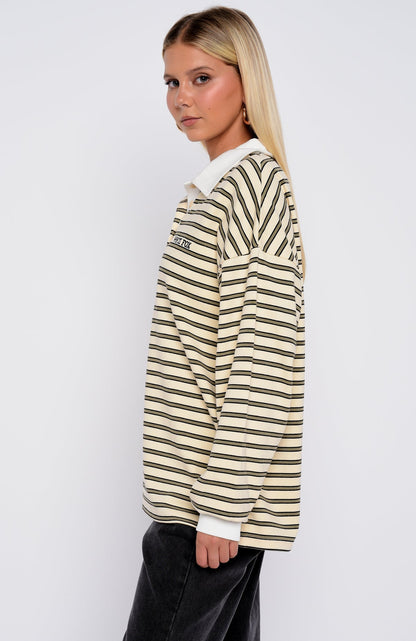 Out Again Long Sleeve Rugby Shirt Cream/Olive Stripe