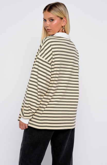 Out Again Long Sleeve Rugby Shirt Cream/Olive Stripe
