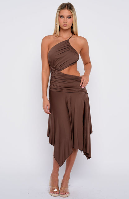 Tie Me Down One Shoulder Midi Dress Chocolate