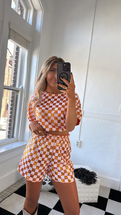 Orange & White Gameday Checkered Sequin Set