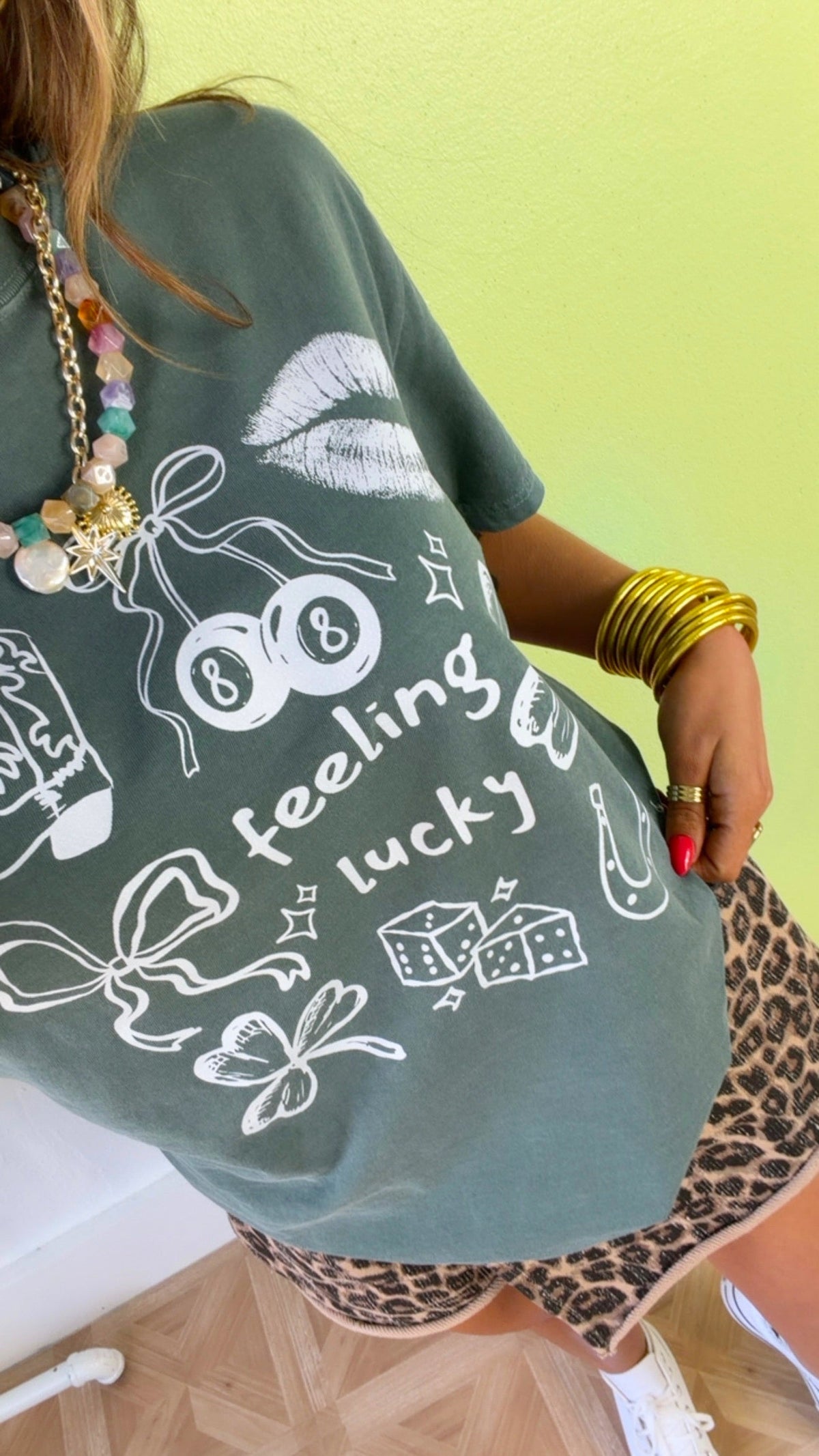 Feeling Lucky Patchwork Graphic Tee, Washed Green